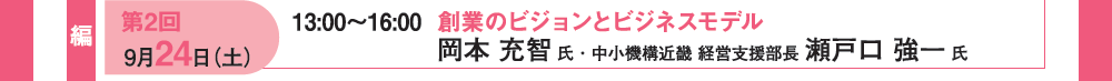 第２回 9月24日（土）13：00〜16：00 創業のビジョンとビジネスモデル 岡本充智氏・中小機構近畿 経営支援部長 瀬戸口強一氏