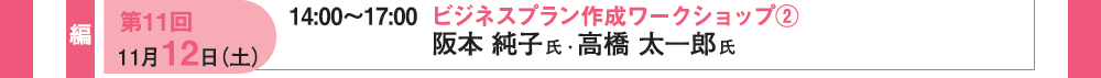 第11回 11月12日（土）14：00〜17：00 ビジネスプラン作成ワークショップ②
阪本純子氏・高橋太一郎氏